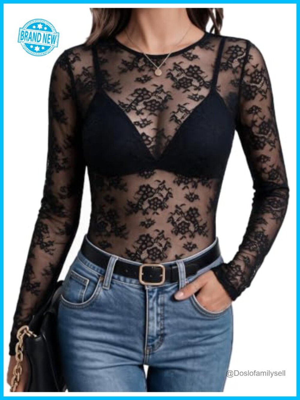 Long Sleeve Lace Mesh Top Crew Neck Sheer Blouse
